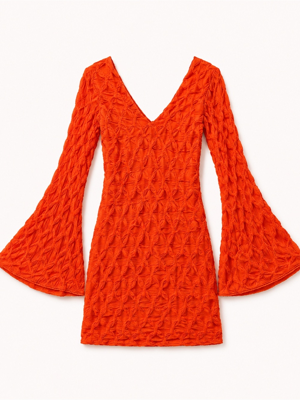 Bebe Bright Orange Textured knit V-Neck Bell Sleeve Bodycon Mini Dress